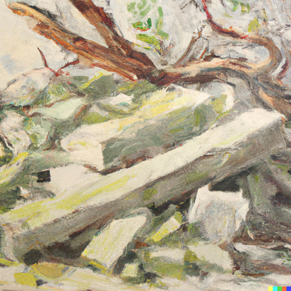a painting of a big olive branch lying in a pile of white rubble and ruins