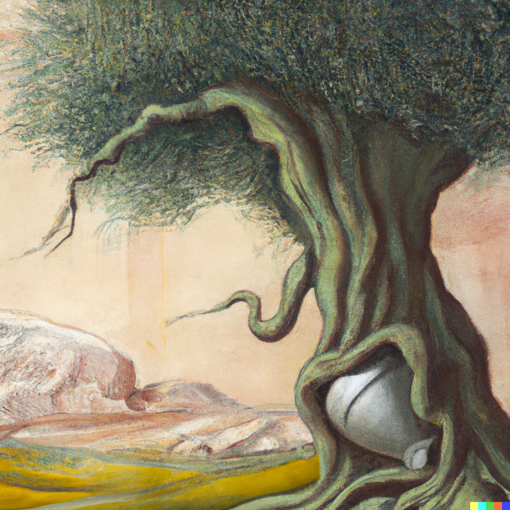 a painting of a monstrous, grotesque and deformed olive tree growing out of the tomb of Kalos