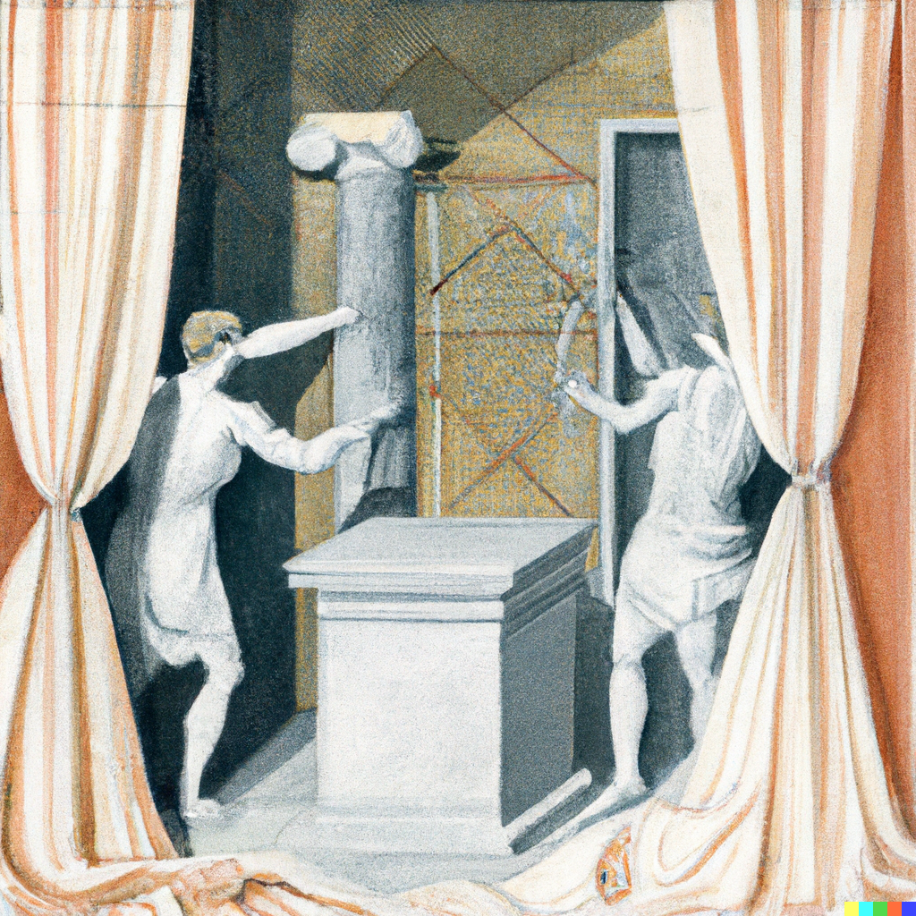a painting of two greek sculptors in white togas chiseling two big blocks of marble in a villa behind curtains