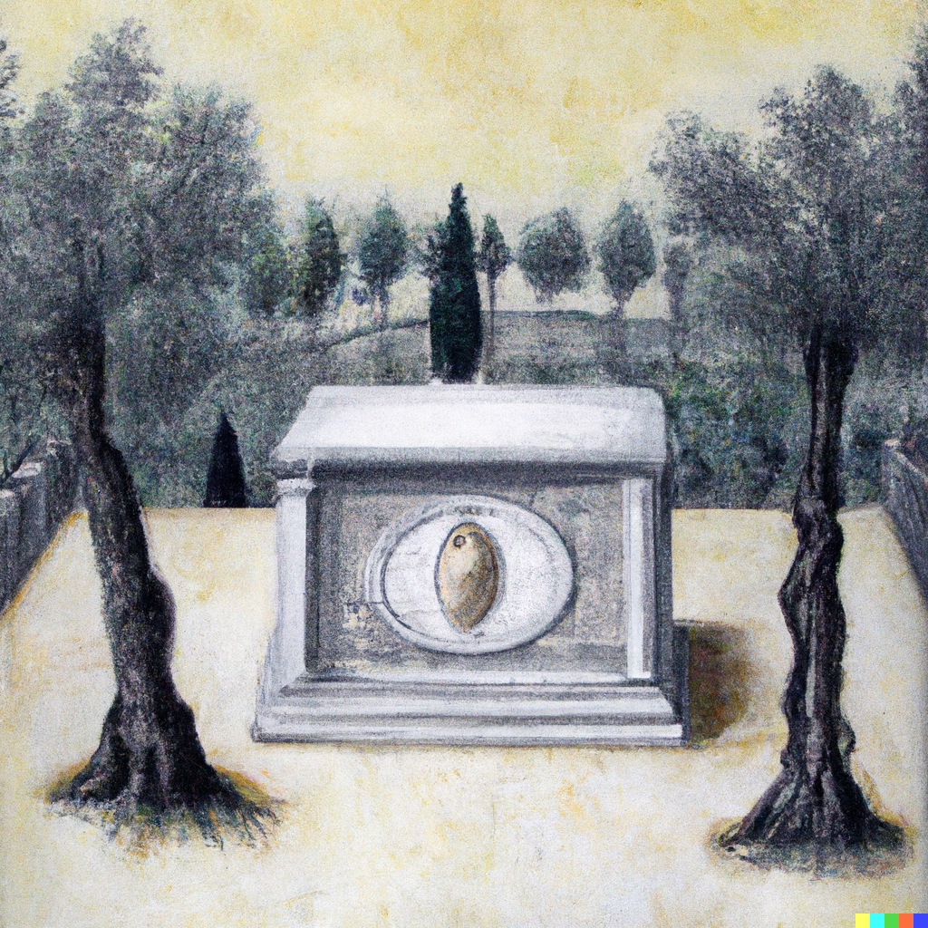 a painting of an exquisitely ornate marble sepulchre with bas reliefs surrounded by olive trees