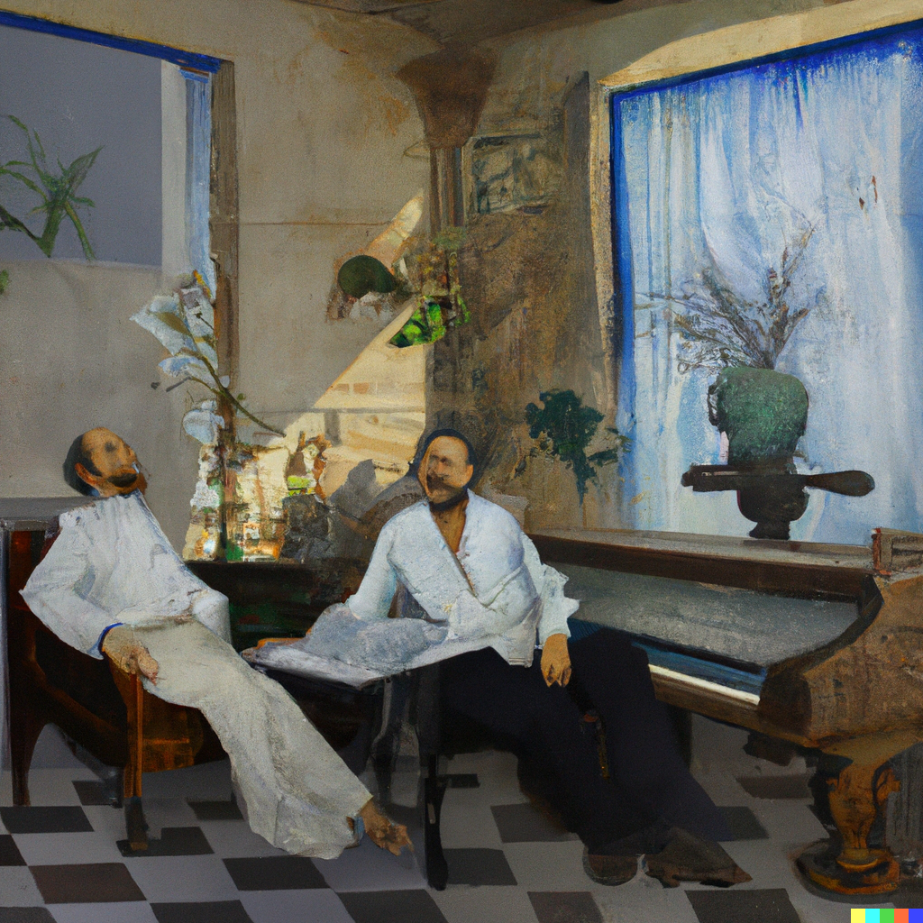 a painting of two famous sculptors sitting in a resplendent villa