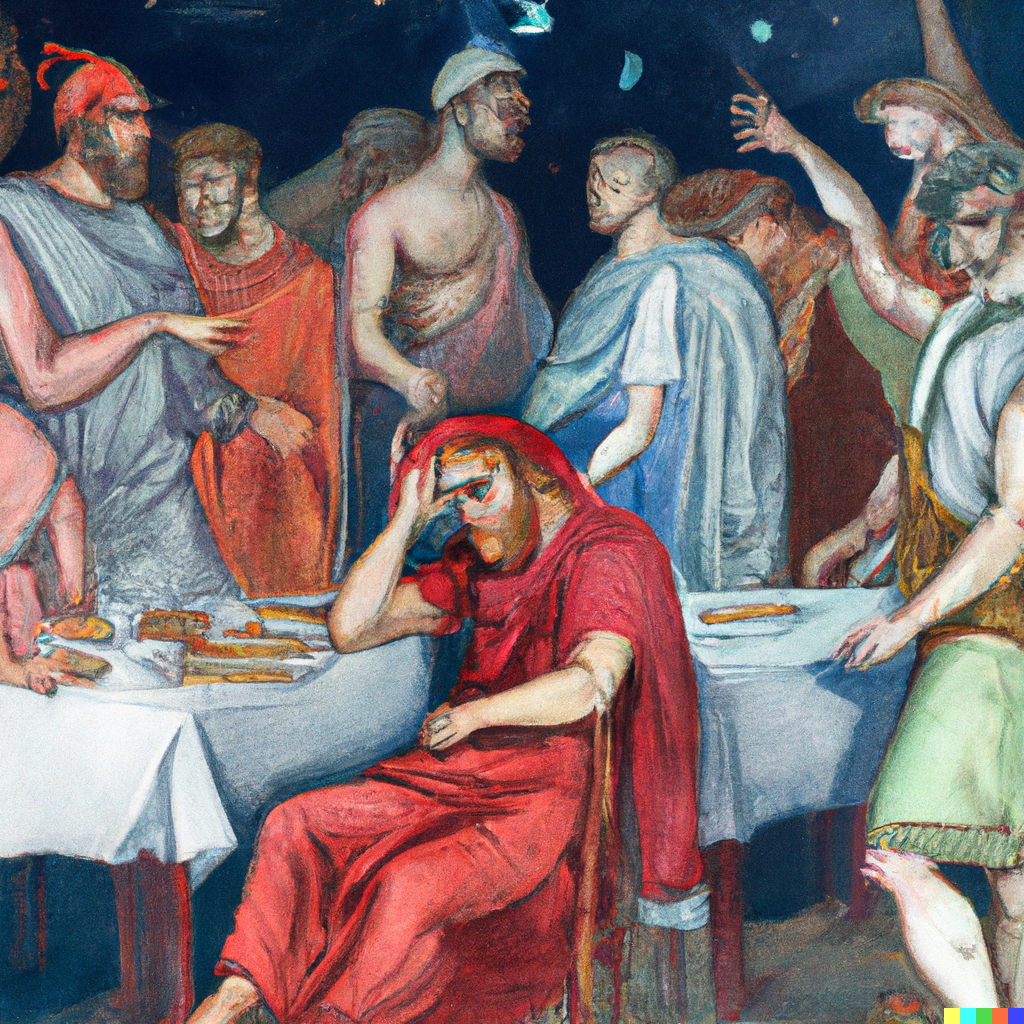 a painting of an ancient greek sculptor looking sad and depressed at a feast surrounded by partiers