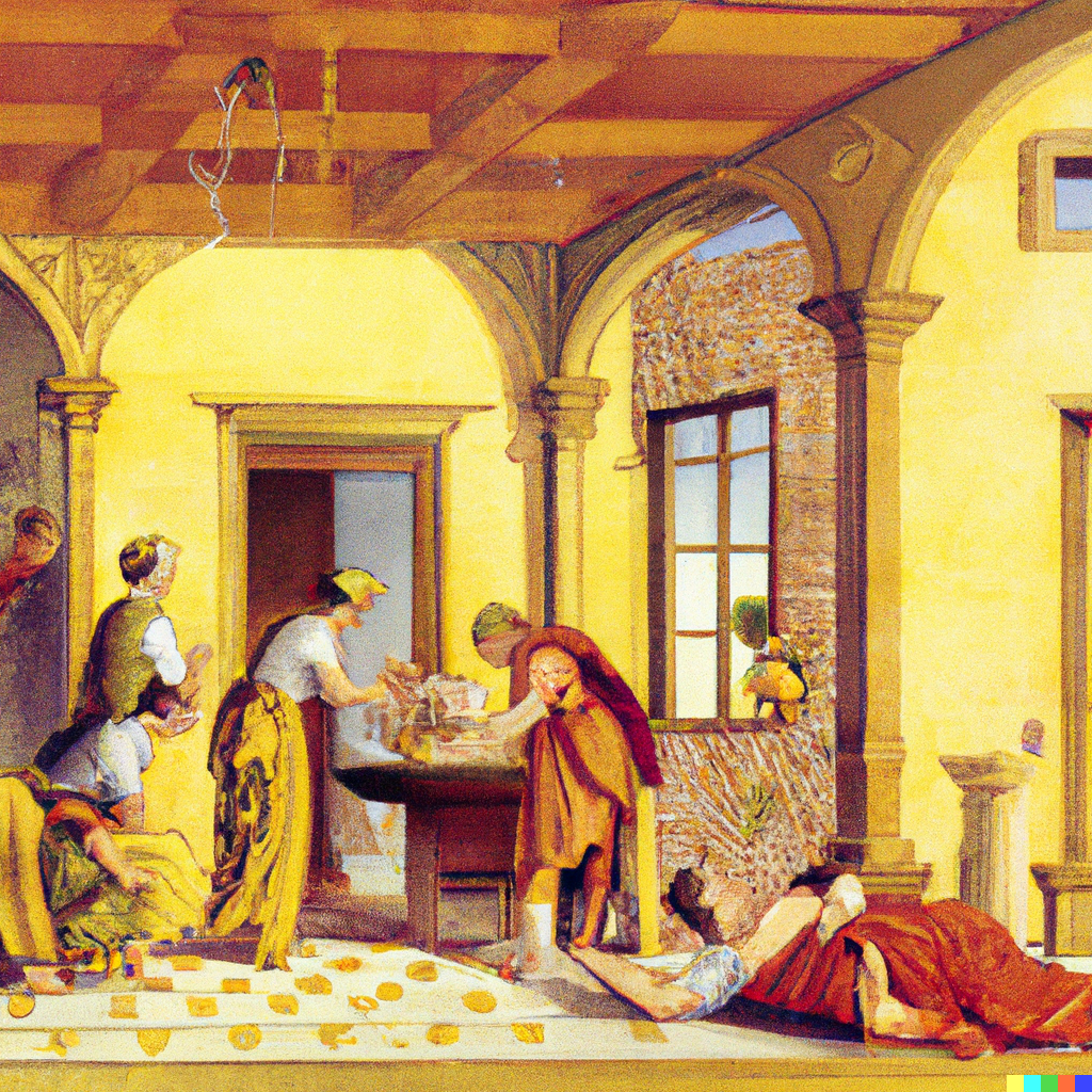 a painting of a sculptor in a resplendent villa pushing aside his many servants so he can feed his sick friend who is lying in a bed